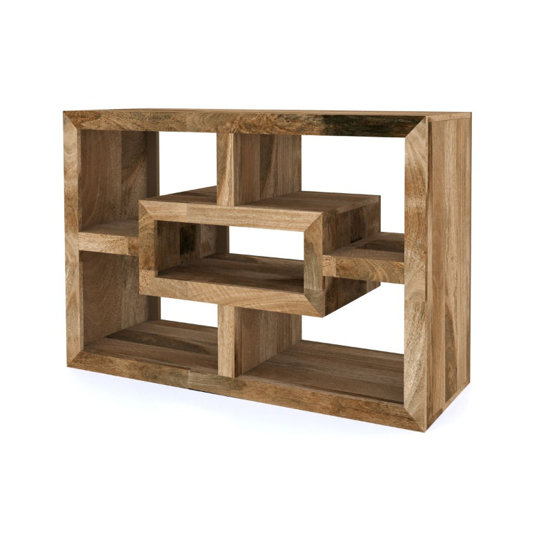 Wooden geometric shelf with multiple levels on a white background