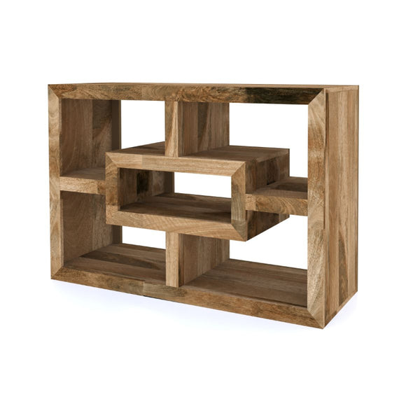 Wooden geometric shelf with multiple levels on a white background
