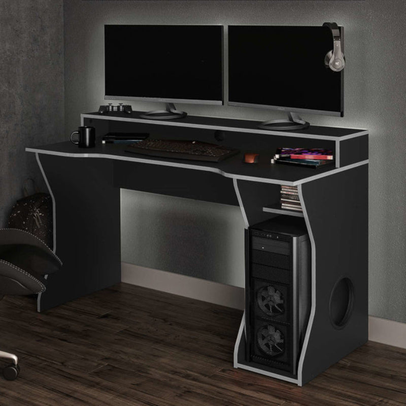 Black/SILVER  computer desk with curved design on a white background