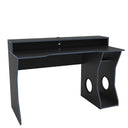 Black computer desk with curved design on a white background