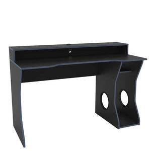 Black computer desk with curved design on a white background
