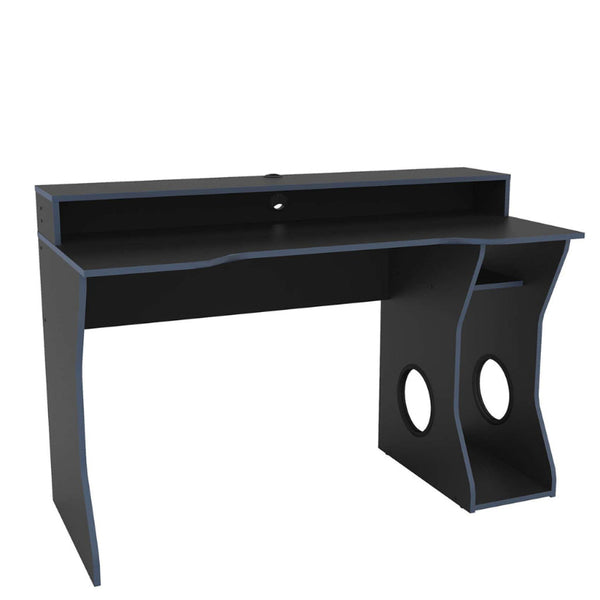 Black computer desk with curved design on a white background