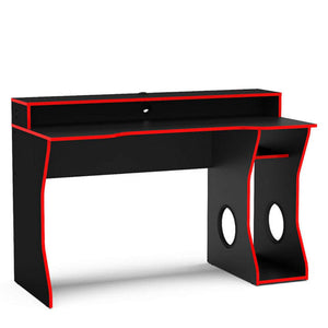 Black desk with red accents on a white background