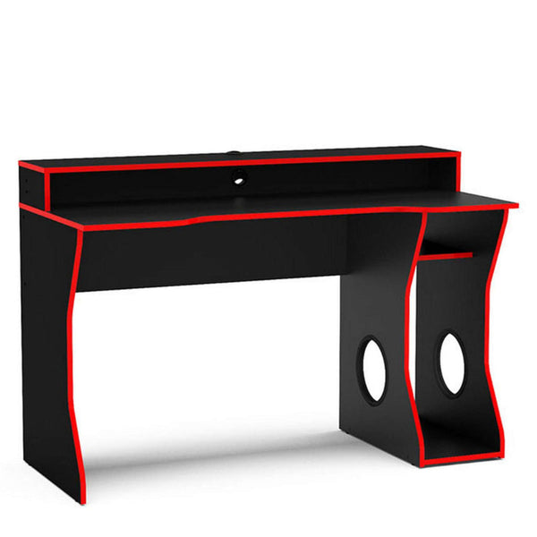 Black desk with red accents on a white background