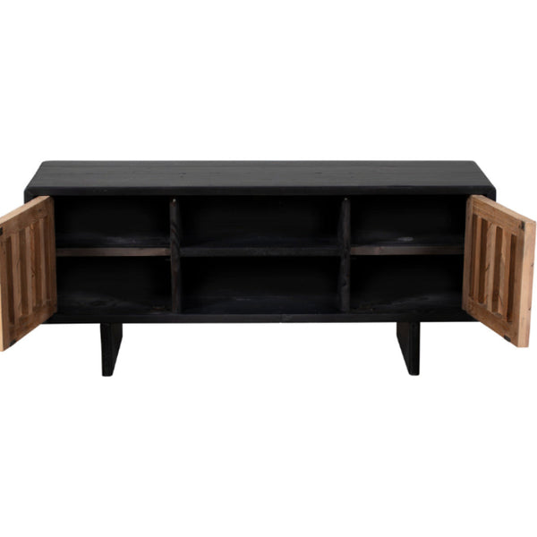 Black entertainment console with wooden doors on a white background
