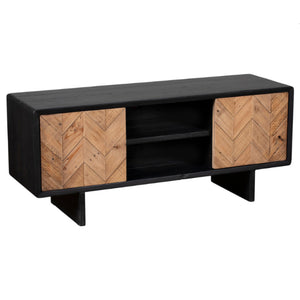 Black TV stand with wooden chevron pattern doors on a white background