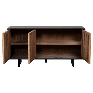 Wooden sideboard with open doors on a white background