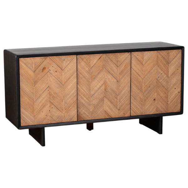 Wooden sideboard with chevron pattern on a white background