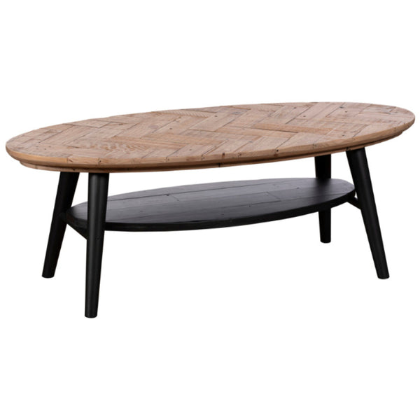 Wooden coffee table with a herringbone pattern on a white background