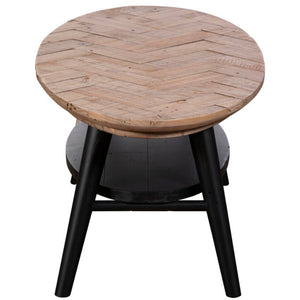 Round wooden table with black legs on a white background
