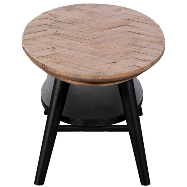 Round wooden table with black legs on a white background