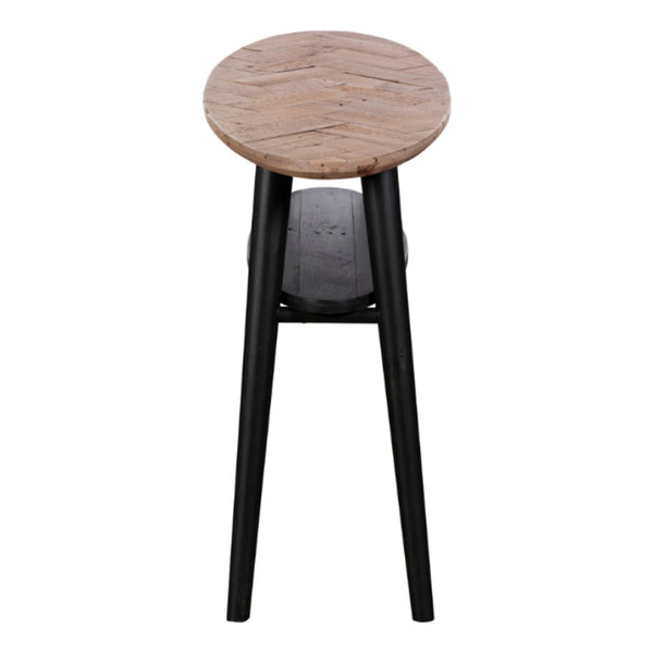 Bar stool with wooden seat and black legs on a white background