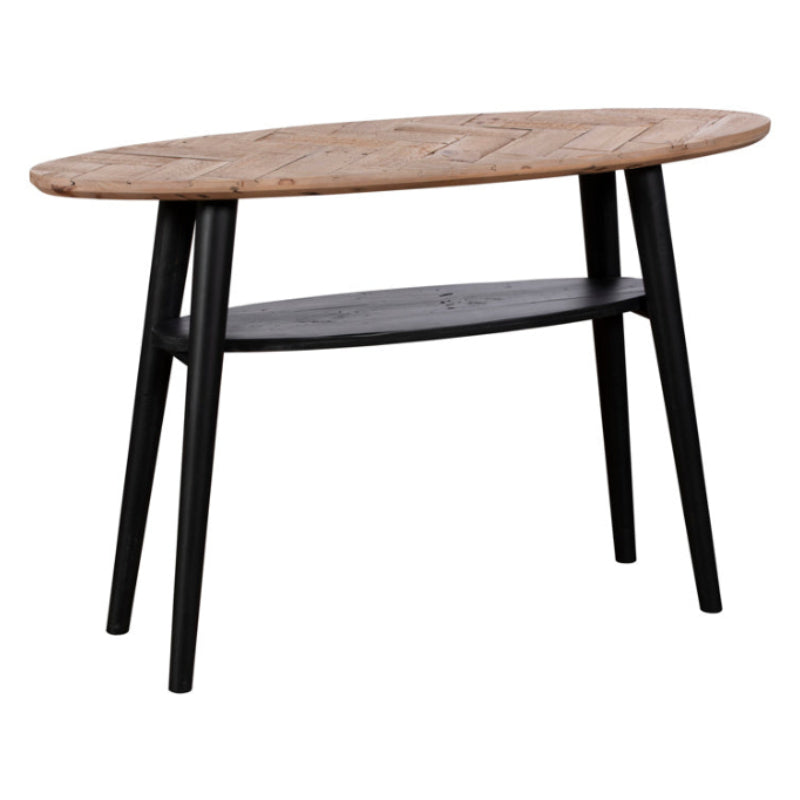 Wooden table with black legs on a white background
