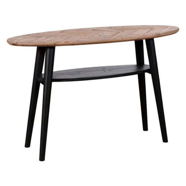 Wooden table with black legs on a white background