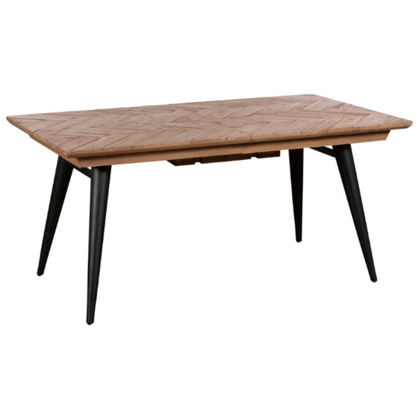 Wooden dining table with black legs on a white background