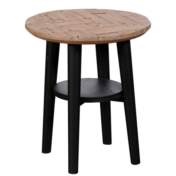 Round wooden side table with black legs on a white background