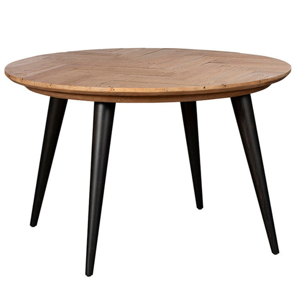 Round wooden table with black legs on a white background