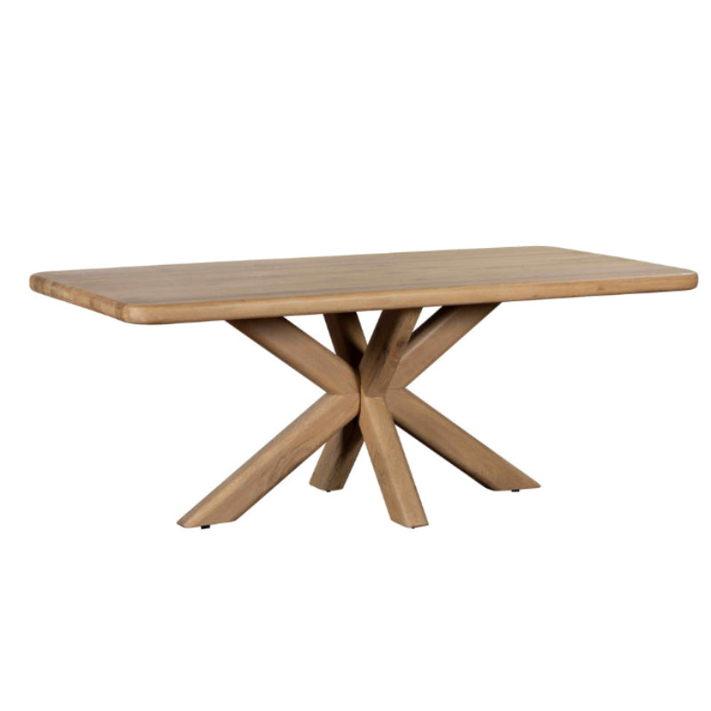 Wooden dining table with unique X-shaped legs on a white background