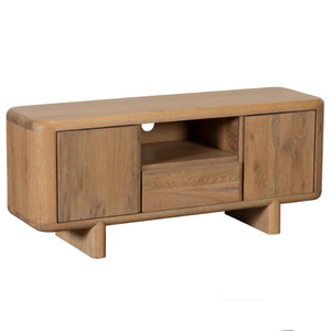 Wooden TV stand with two doors on a white background