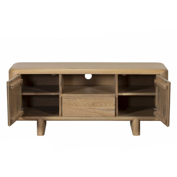 Wooden TV stand with open doors on a white background