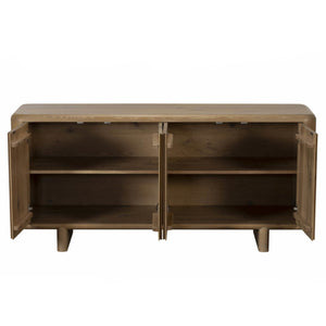 Wooden sideboard with open doors on a white background