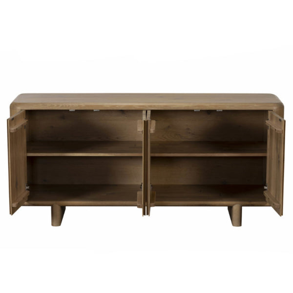 Wooden sideboard with open doors on a white background