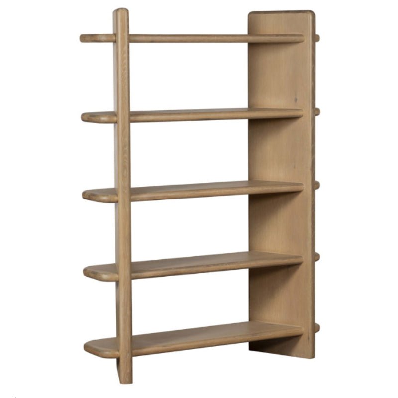 Wooden bookshelf with multiple shelves on a white background