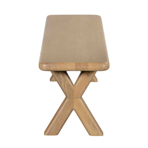 wooden dining bench with cross legs on a white background