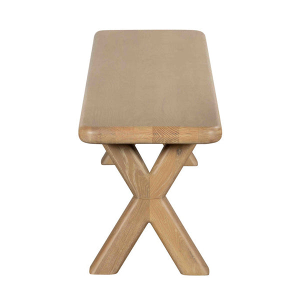 wooden dining bench with cross legs on a white background