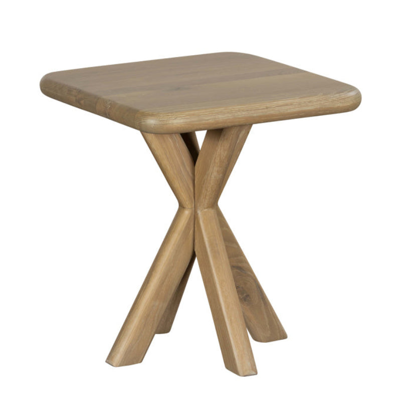 Wooden side table with unique X-shaped legs on a white background