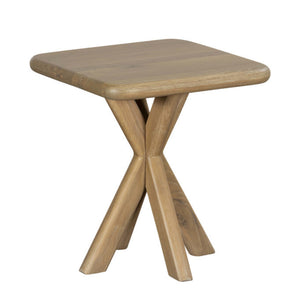 Wooden side table with unique X-shaped legs on a white background