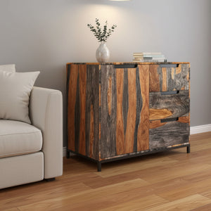 Wooden sideboard with a rustic design in a living room setting.