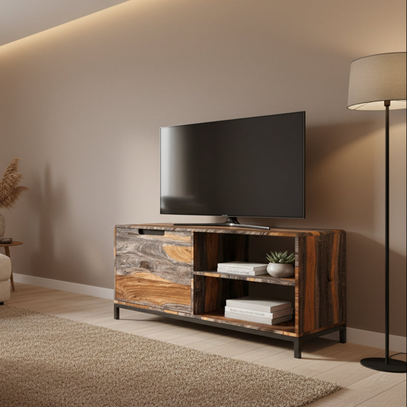 Wooden TV stand with a rustic design on a white background
