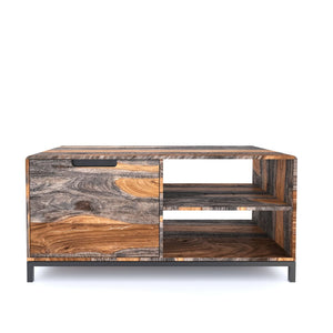 Wooden TV stand with a rustic design on a white background
