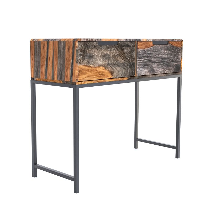 Wooden console with metal legs on a white background