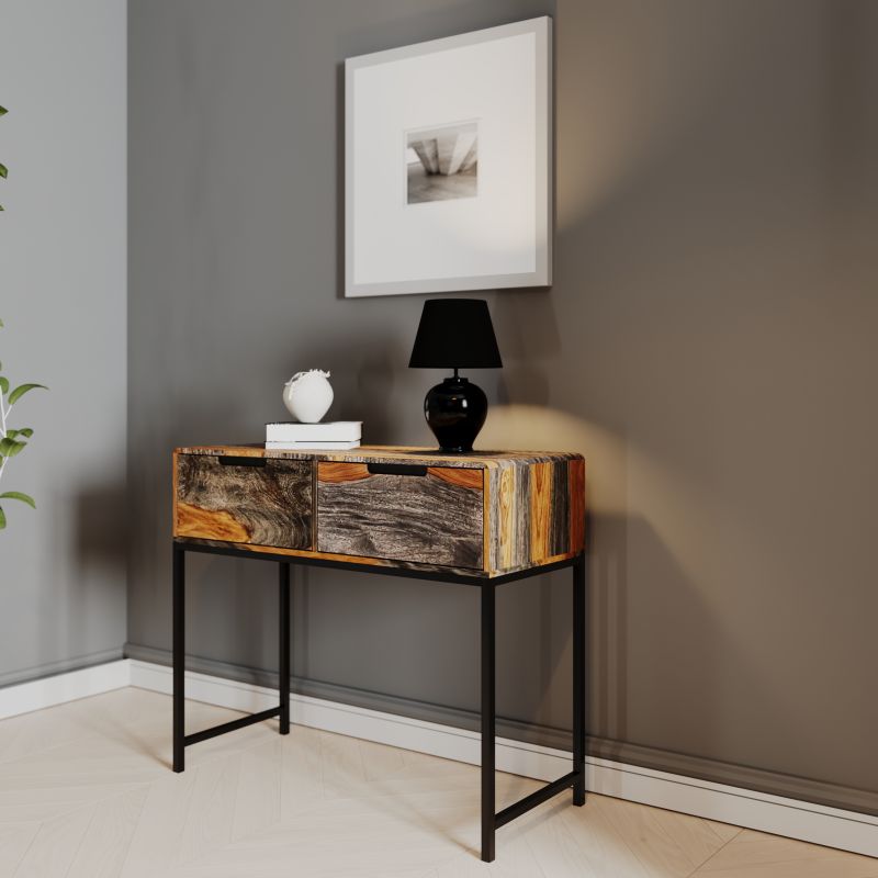 Wooden console with metal legs on a white background