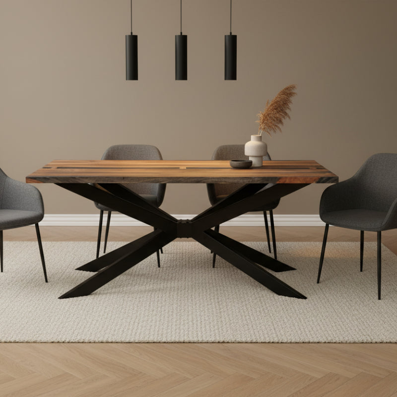 Wooden table with black metal X-shaped legs on a white background