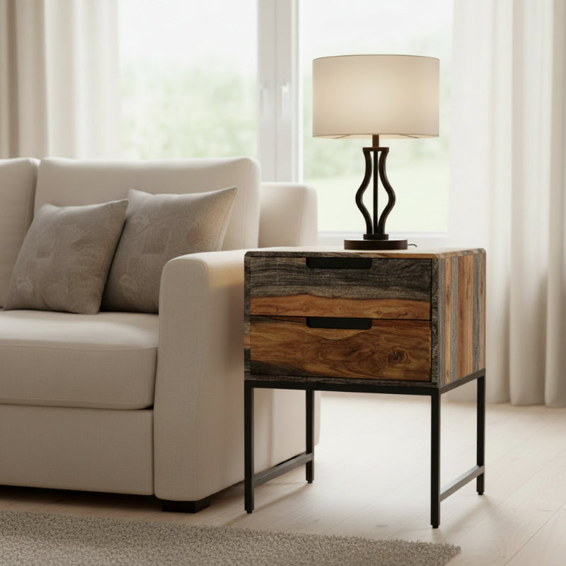 Wooden side table with 2 drawers on a white background