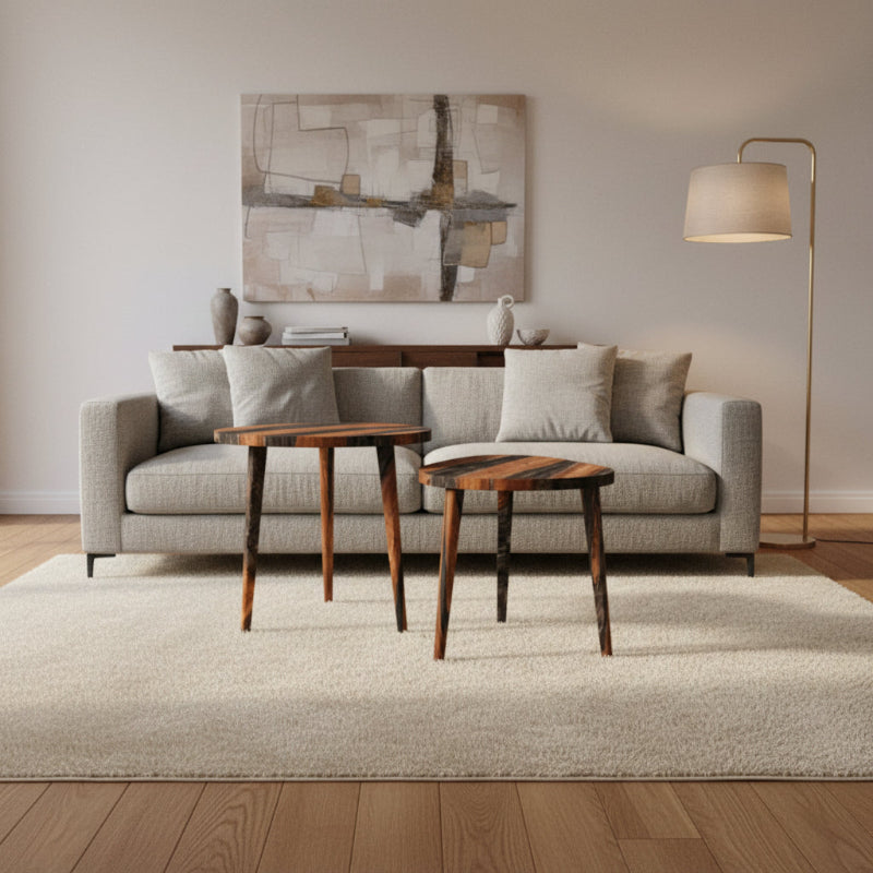 Two wooden side tables with a white background