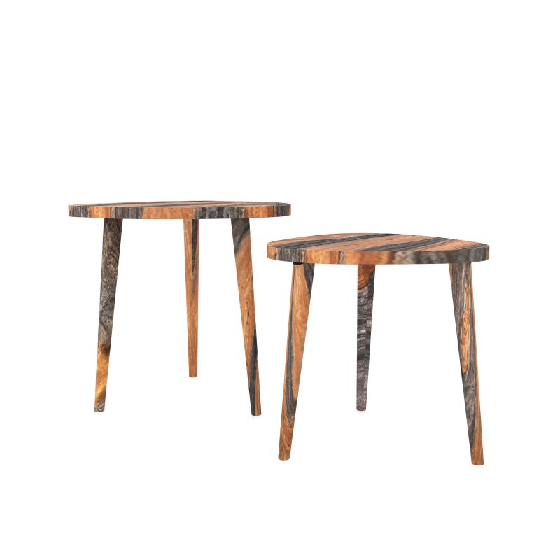 Two wooden side tables with a white background