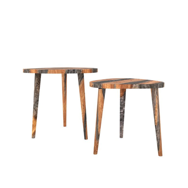 Two wooden side tables with a white background