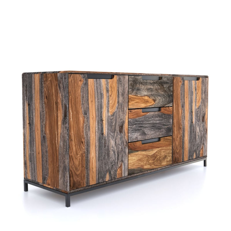 Wooden sideboard with a rustic design on a white background