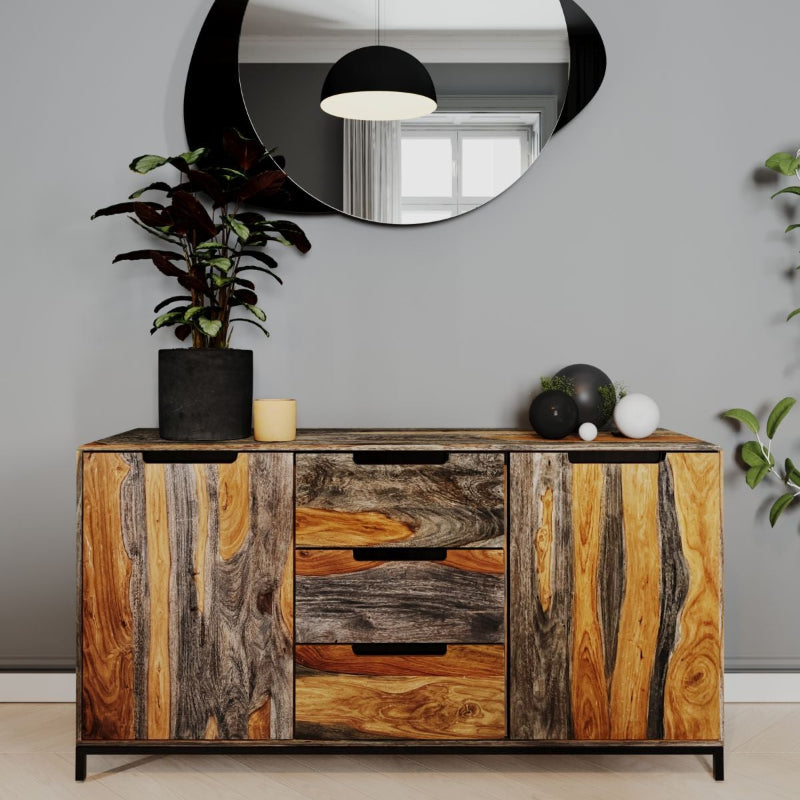 Wooden sideboard with a rustic design on a white background