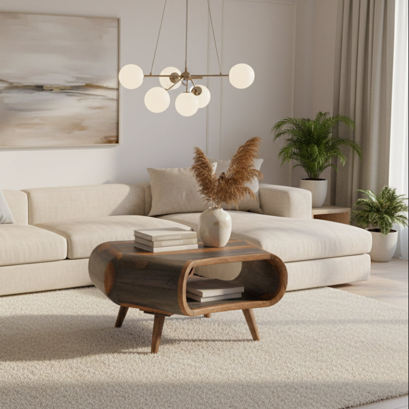 Wooden side table with wavy design on a white background