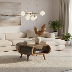 Wooden coffee table with wavy design on a white background