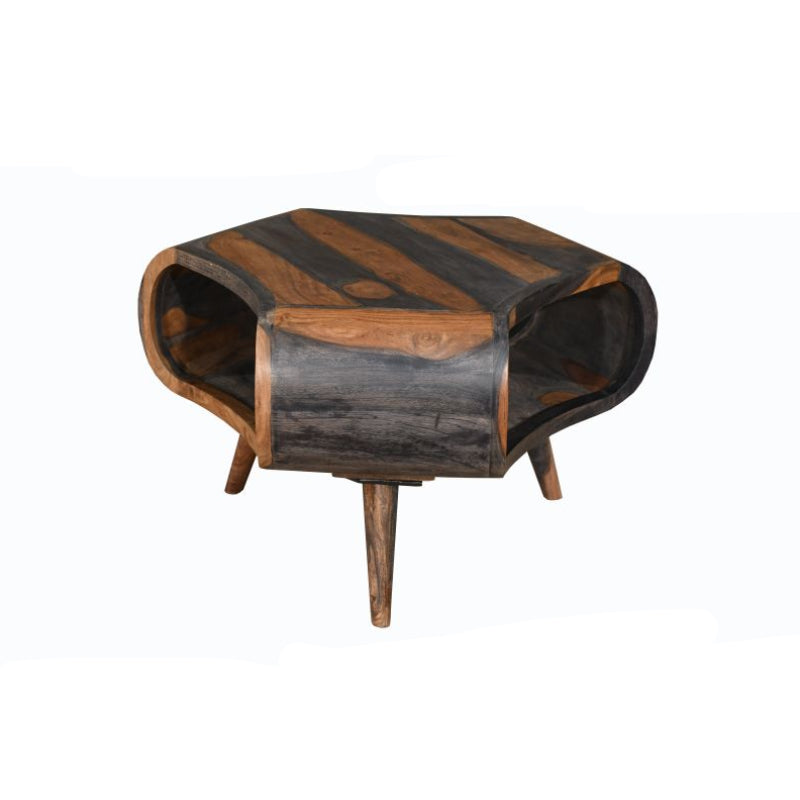 Wooden side table with wavy design on a white background