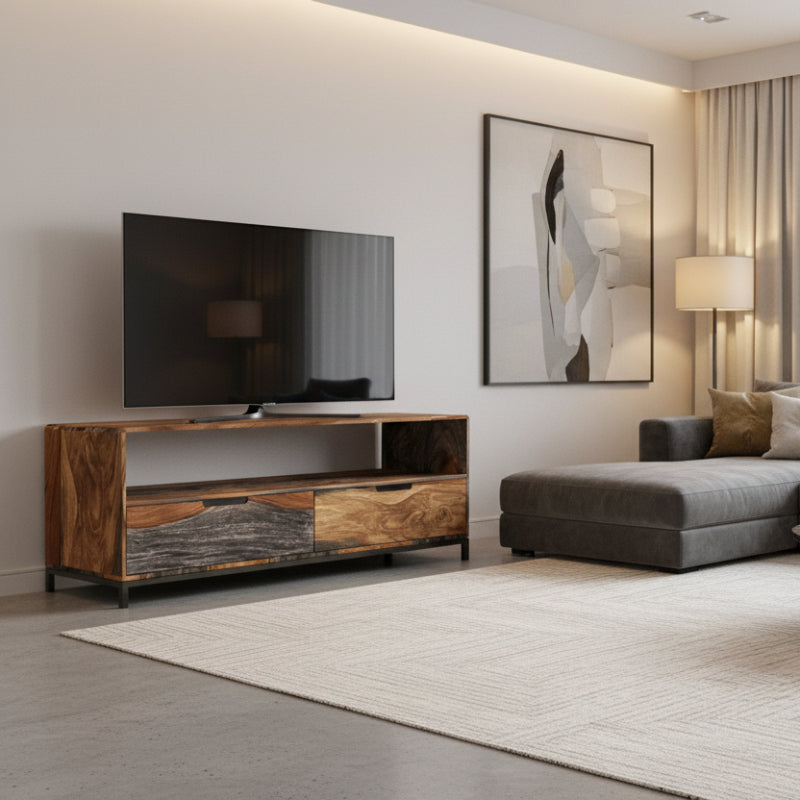 Wooden tv unit with a rustic design on a white background