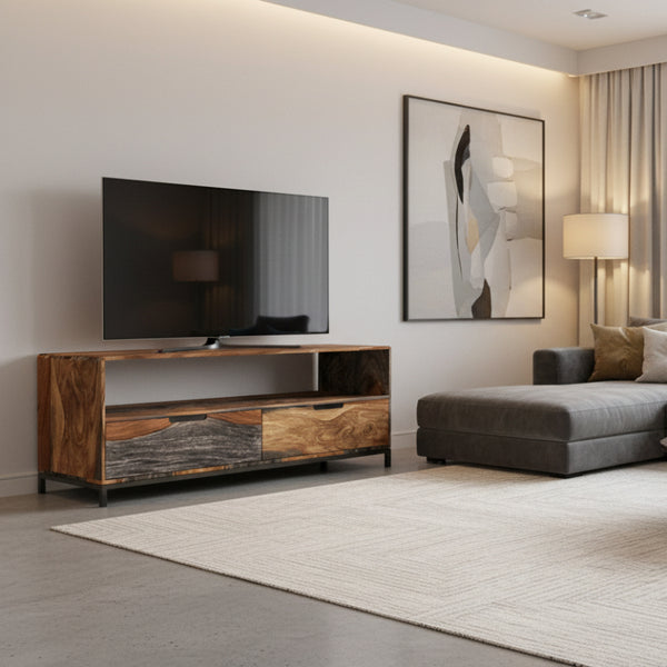 Wooden TV UNIT with a rustic design in a living room