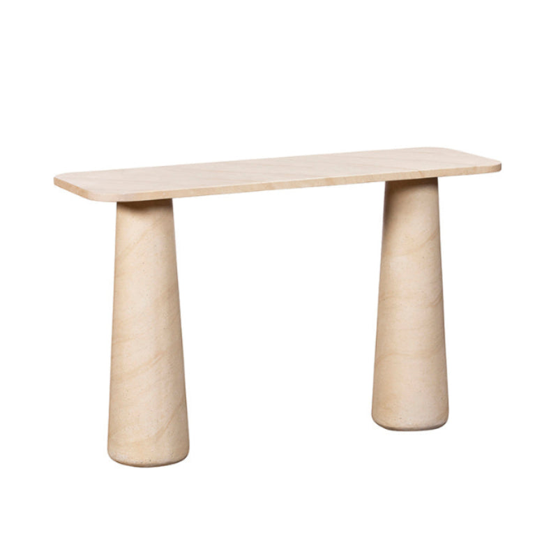 Beige console table with cylindrical legs on a white background