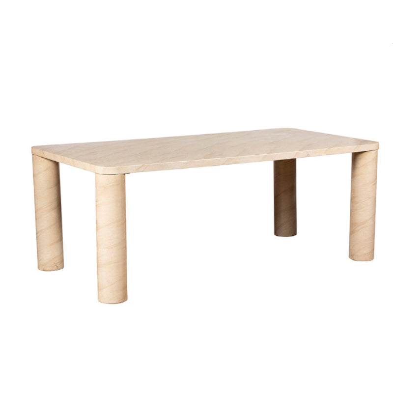 Beige wooden table with cylindrical legs on a white background